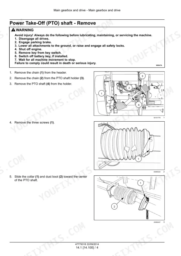 New Holland 790CP service manual procedure for removing the Power Take-Off (PTO) shaft, including diagrams of shaft and boot components.
