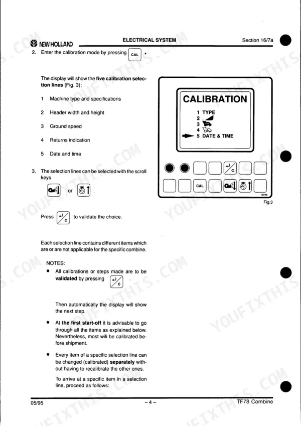 New Holland TF76, TF78 electrical system manual page showing calibration mode display and selection procedures.