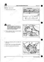 4dc18f05-b-procedures-18 New Holland TF76, TF78 traction and steering axle removal procedure showing hydrostatic motor, drive shaft, and handbrake cable.