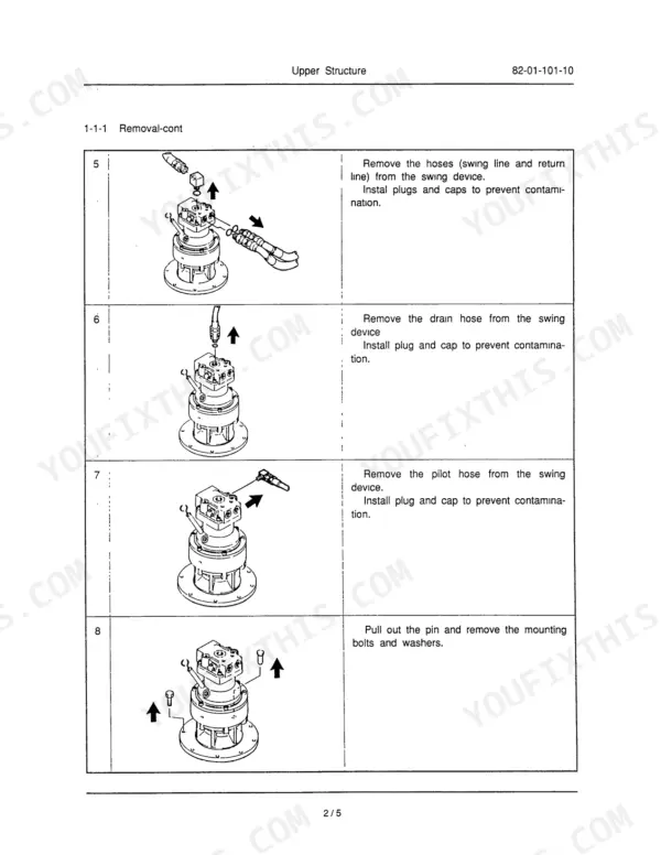 Link-belt LS-1600 upper structure swing device removal procedure steps 5 through 8, showing hose and mounting bolt removal.
