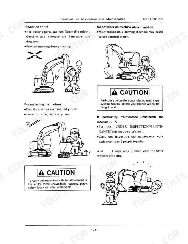 Link-belt LS-1600 safety manual page detailing fire prevention, machine inspection procedures, and maintenance caution warnings.