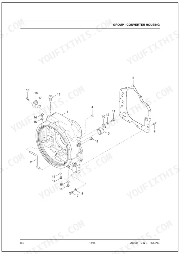 Bomag BW 24 R exploded view diagram of the converter housing assembly with numbered parts list components.