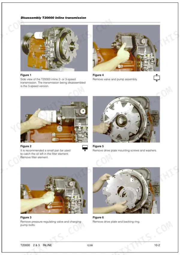 Bomag BW 24 R T20000 inline transmission disassembly procedure showing valve, pump, filter, and drive plate removal steps.