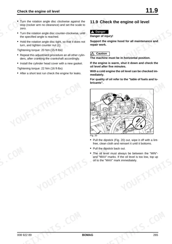 Bomag BW 27 RH-4i service manual page 265 showing engine oil level check procedure and dipstick location diagram.