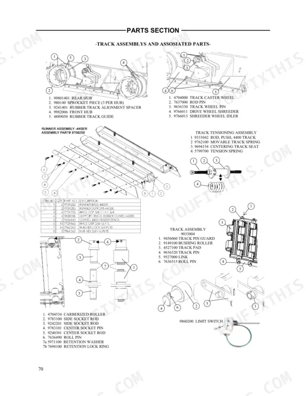 Bomag ProPaver 4400, 4410, 4420 parts list for track assembly, runner assembly, tensioning assembly, and limit switch components.