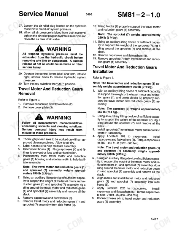 Link-belt 4300, 4300 Quantum service manual procedures for travel motor and reduction gears removal and installation steps.