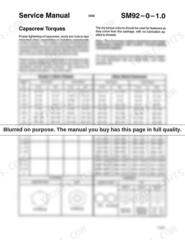 Link-belt 4300, 4300 Quantum service manual page showing dry and lube capscrew torque specifications for Grade 2 and alloy steel.