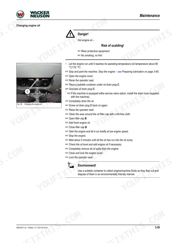 Wacker Neuson EZ17, PowerTilt PTS4.5 engine oil change procedure, showing oil drain plug C location and step-by-step instructions.