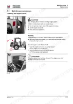 506a46a7-b-procedures-73 Wacker Neuson WL34 maintenance procedure for opening and closing the engine cover with safety instructions.