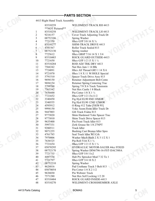 Bomag 4413 parts list for Right Hand Track Assembly, including track drive, idler, and hardware components.