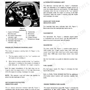 Ford 6700, 7700 controls and instruments diagram showing gauges, warning lights, tachometer, and hourmeter functions.
