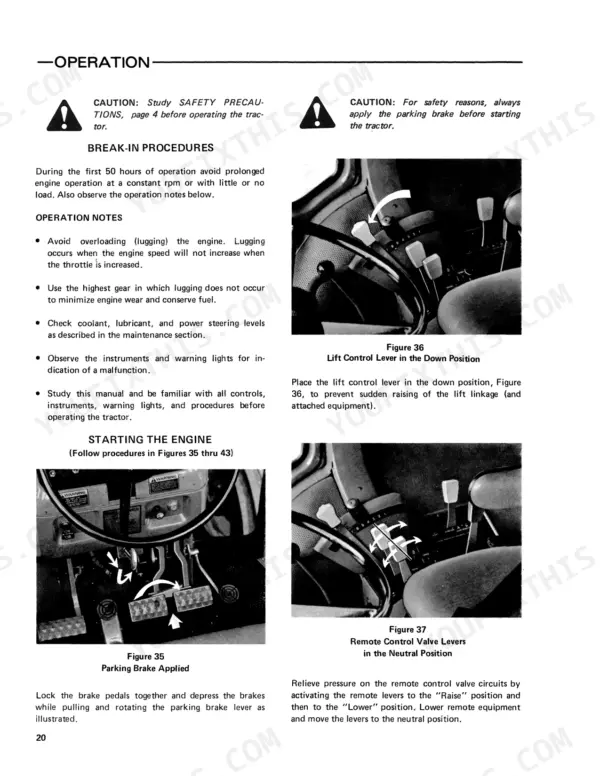 Ford 6700, 7700 operator manual page showing break-in procedures, parking brake, lift control, and remote control valve lever operations.