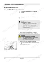 52d3122a-b-maintenance-142 Bomag BC 473 EB-3 maintenance procedure for changing engine oil and oil filter, including drain hose connection diagram.