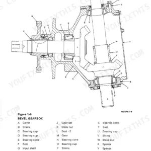 New Holland 900 bevel gearbox exploded view diagram showing input shaft, gear set, bearings, seals, and housing components.
