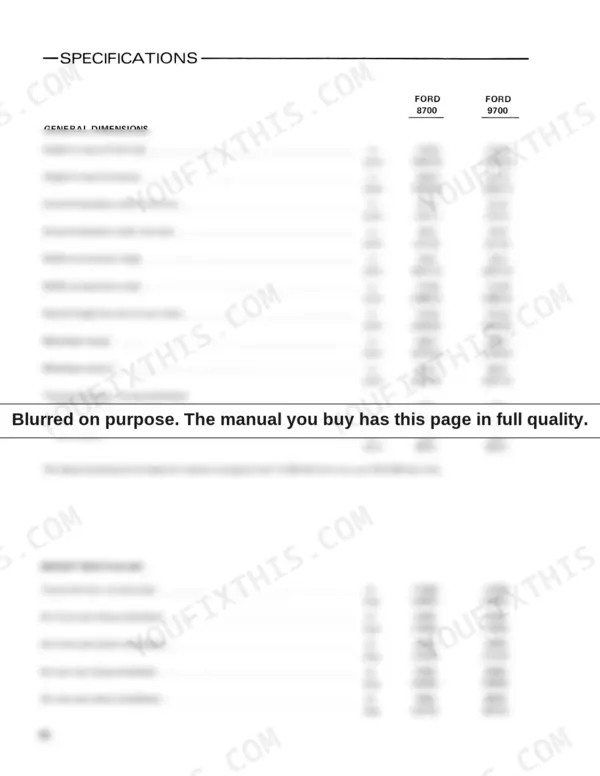 Ford 8700, 9700 tractor specifications table showing general dimensions, wheelbase, turning diameter, and weight data.