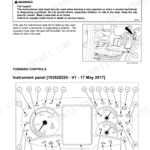 New Holland PowerStar 65, PowerStar 75 instructor seat safety warning and instrument panel controls diagram.