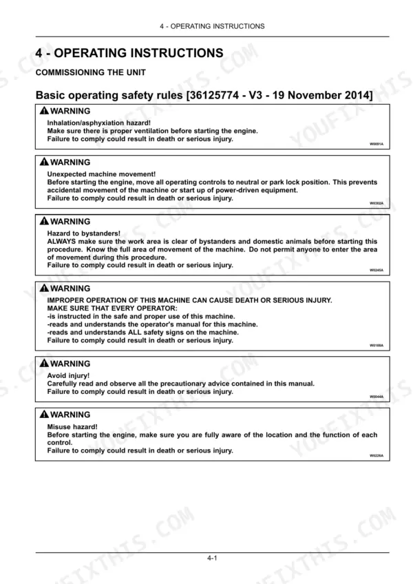 New Holland PowerStar 65, PowerStar 75 basic operating safety rules and commissioning warnings for unit operation.