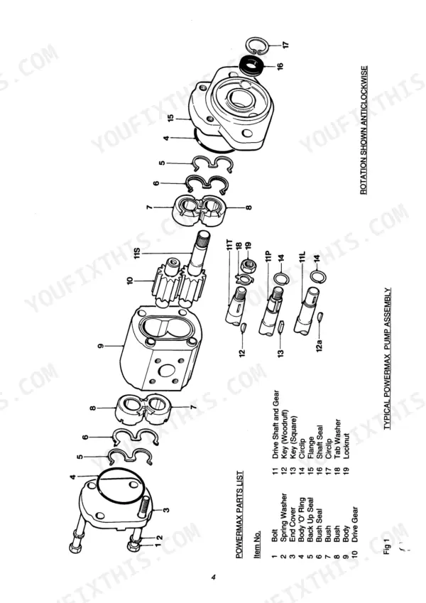 Bomag BMP 851 exploded view of Powermax pump assembly showing gears, shafts, seals, and parts list.
