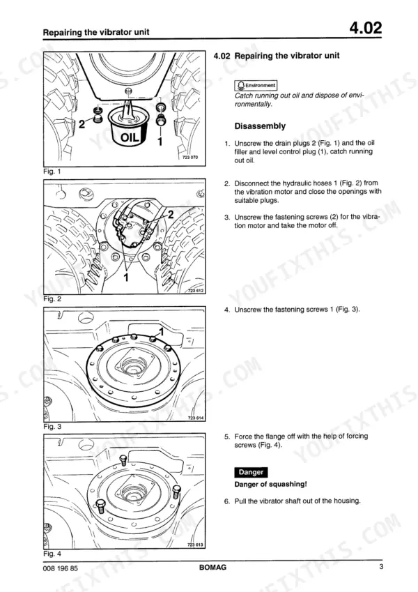 Bomag BMP 851 repair manual: step-by-step disassembly procedure for the vibrator unit, including motor and flange removal.