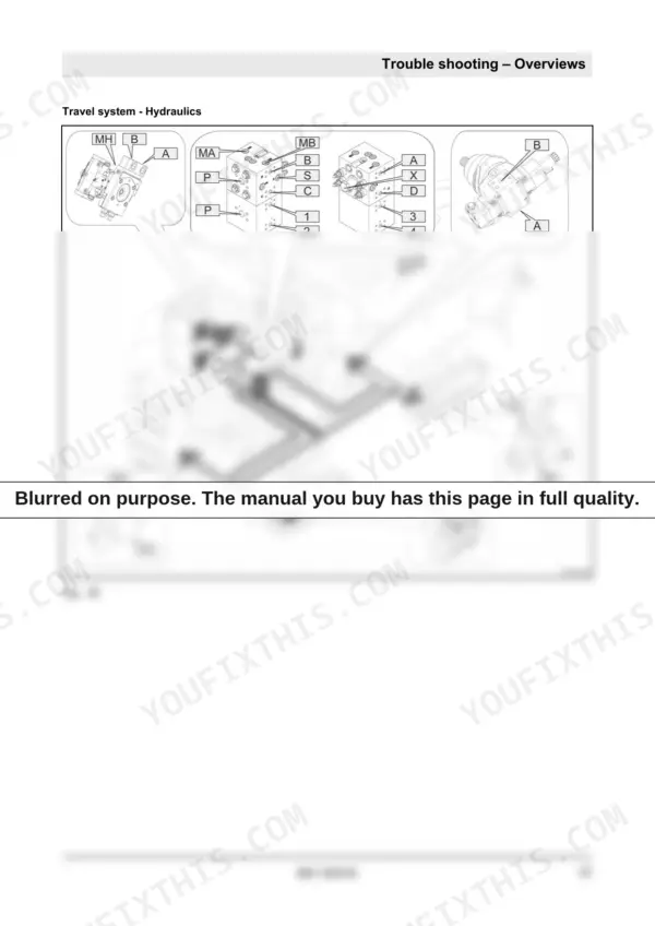 Bomag BM 1300/35 travel system hydraulic troubleshooting diagram showing pump, motor, and valve component connections.