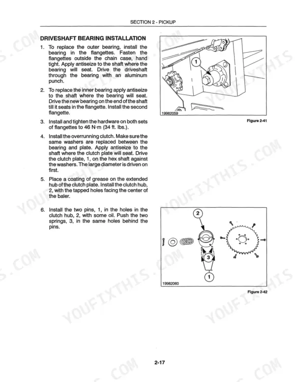 New Holland 585 driveshaft bearing and overrunning clutch installation procedure with component diagrams.