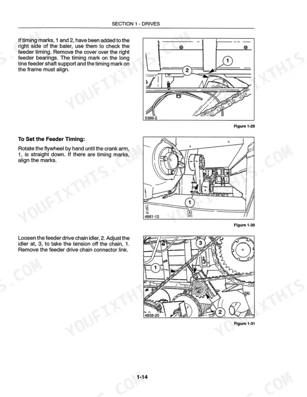 New Holland 585 feeder timing and drive chain adjustment procedures with diagrams showing timing marks and chain idler components.