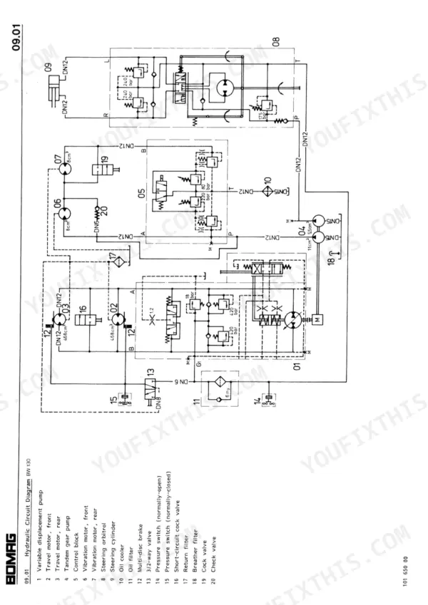 Bomag BW 100 AD, BW 120 AD, BW 130 AD hydraulic circuit diagram showing pumps, motors, control blocks, and valves.