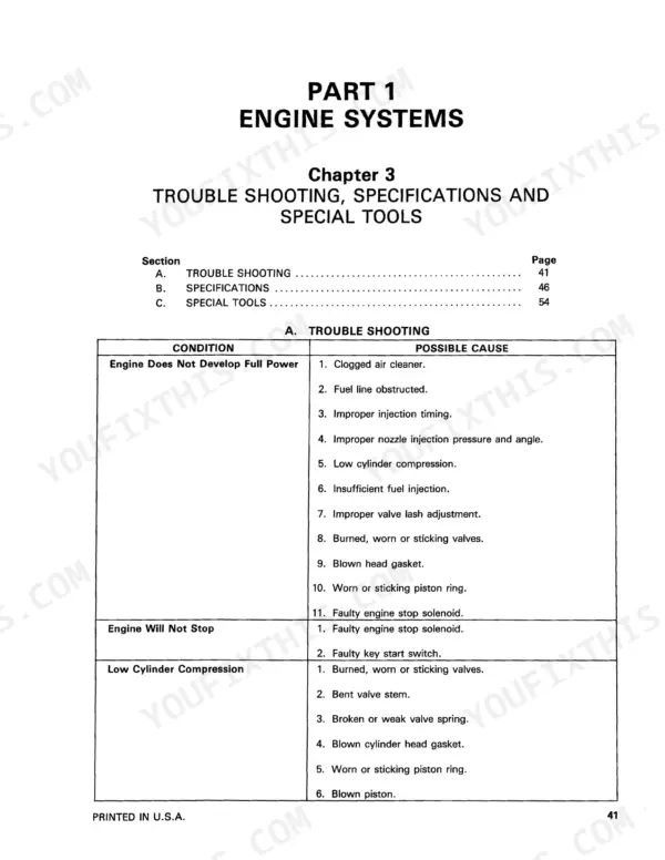 New Holland 1120, 1220 engine troubleshooting table for power loss, stop issues, and low cylinder compression causes.