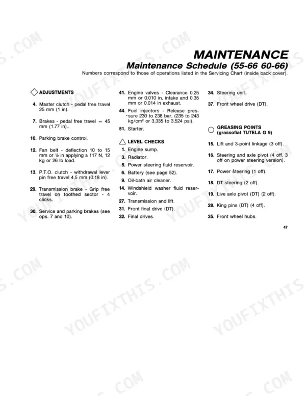 Fiat 55-66, 60-66 maintenance schedule page listing adjustments, level checks, and greasing points for engine, brakes, and steering.