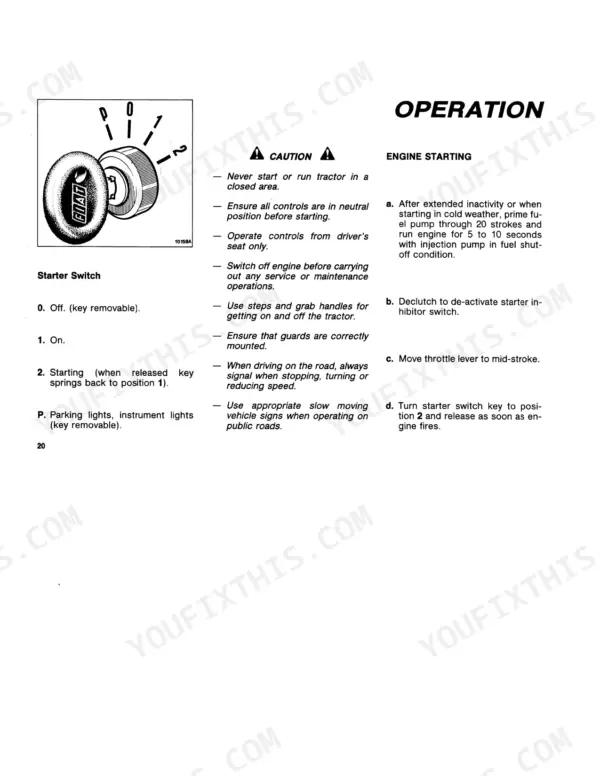 Fiat 55-66, 60-66 starter switch diagram, engine starting procedures, and safety precautions for tractor operation.