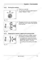633657f1-b-operations-117 Bomag BW 135 AD-5 operation manual: driving, stopping, and parking brake procedures with travel lever and engine speed diagrams.