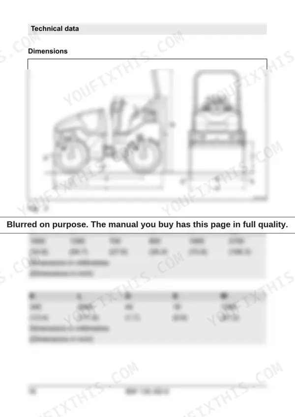 Bomag BW 135 AD-5 technical data diagram showing roller dimensions and corresponding measurement table in mm and inches.