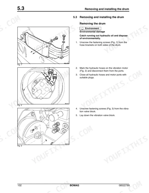 Bomag BW 145 DH-3, BW 145 PDH-3 procedure for removing and installing the drum, showing vibration motor and valve block diagrams.