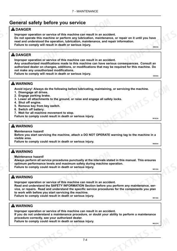 New Holland Powerstar 90, 100, 110, 120 maintenance manual page showing general safety procedures and danger warnings for service.