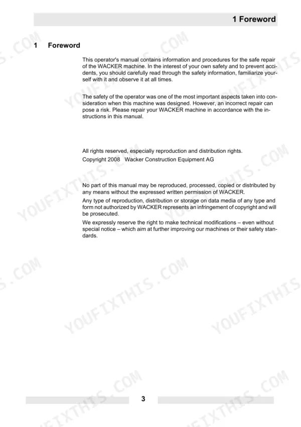 Wacker DPU 4045H, DPU 5045H service manual foreword page containing safety information and copyright notices.