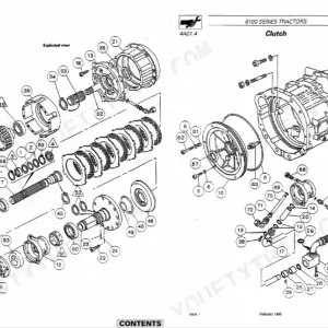 Massey Ferguson 8110, 8120, 8130, 8140, 8150, 8160, 8100 clutch exploded view diagram showing internal components and housing.