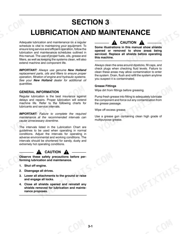 New Holland T2410, T2420 lubrication and maintenance section covering safety precautions, grease fittings, and fluid service.