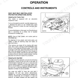 New Holland T2410, T2420 operator manual: seat adjustment procedures, seat belt operation, and cleaning instructions for tractor seat.
