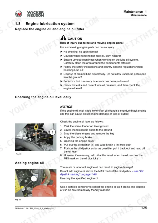 Wacker Neuson WL60, WL70 maintenance procedure for engine oil lubrication system, checking oil level, and adding engine oil.