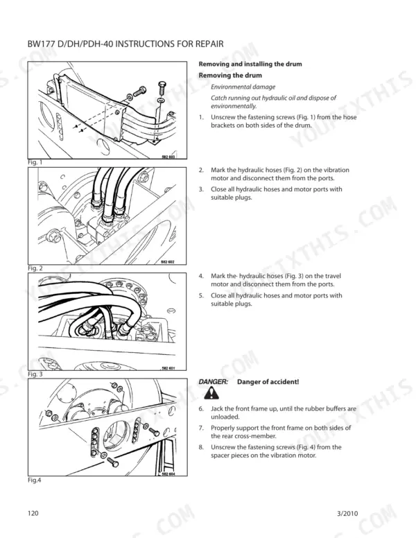 Bomag BW177 D/DH/PDH-40 repair procedure for removing and installing the drum assembly.