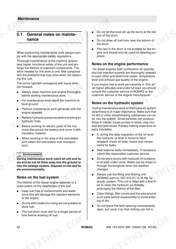 Bomag BW 125 ADH, BW 135 AD, BW 138 AD, BW 138 AC maintenance manual page 52: general notes on fuel and hydraulic system care.
