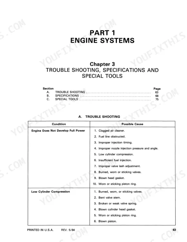 Ford 1110, 1210 engine troubleshooting table for low power and low cylinder compression causes.