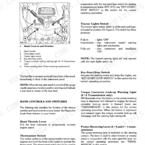 Ford 345C, 445C, 545C diagram of hand controls, switches, throttle, and power-reversing lever locations on the instrument panel.
