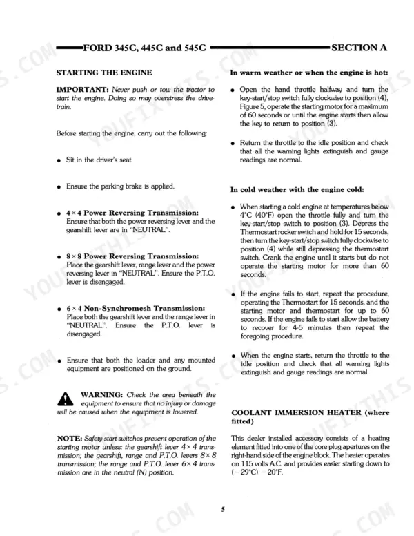 Ford 345C, 445C, 545C engine starting procedures for warm and cold weather, including transmission neutral settings.