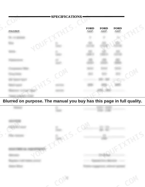 Ford 345C, 445C, 545C engine, clutch, and electrical system specifications table including bore, stroke, and tappet clearance.