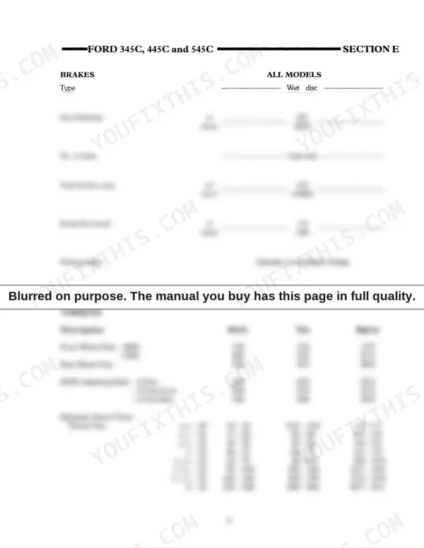 Ford 345C, 445C, 545C brake specifications table and wheel nut, ROPS, and hydraulic hose torque settings.