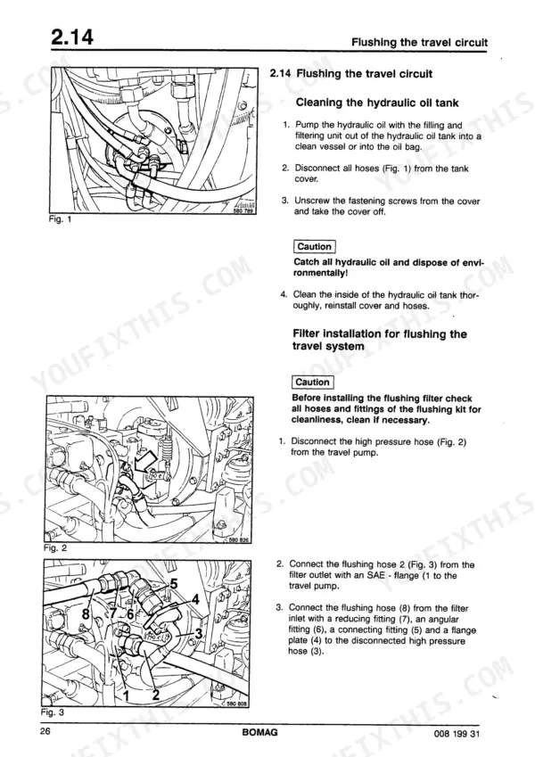 Bomag BW 212 D-3, BW 212 PD-3, BW 214 D-3, BW 214 PD-3 procedures for flushing the travel circuit and cleaning hydraulic oil tank.
