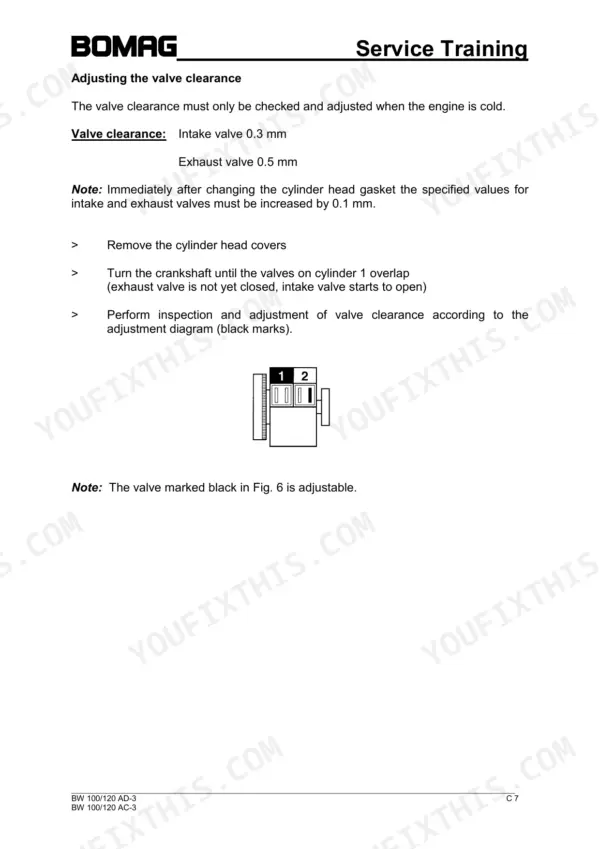 Bomag BW 100 AD-3, BW 100 AC-3, BW 120 AD-3, BW 120 AC-3 service manual page for adjusting engine valve clearance specifications.