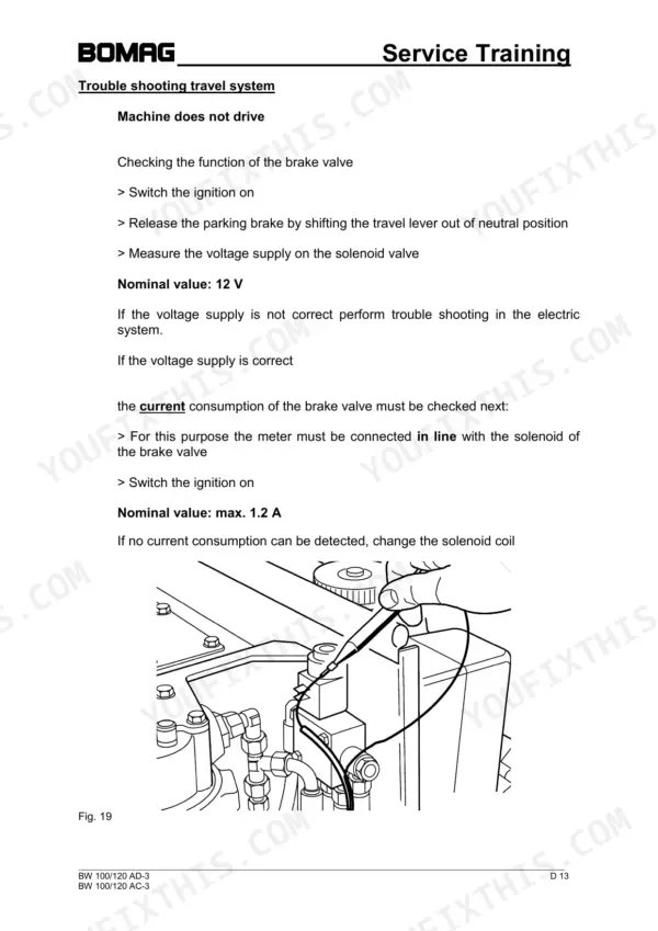 Bomag BW 100 AD-3, BW 100 AC-3, BW 120 AD-3, BW 120 AC-3 troubleshooting travel system: brake valve voltage and current test.