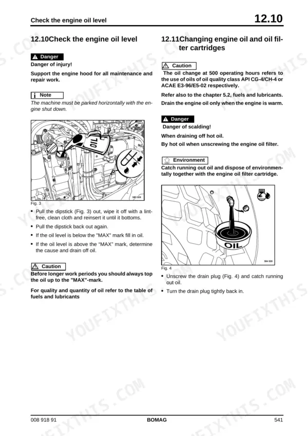 Bomag BW 213 DH-4, 213 PDH-4, 214 DH-4, 214 PDH-4 engine oil level and change procedure.